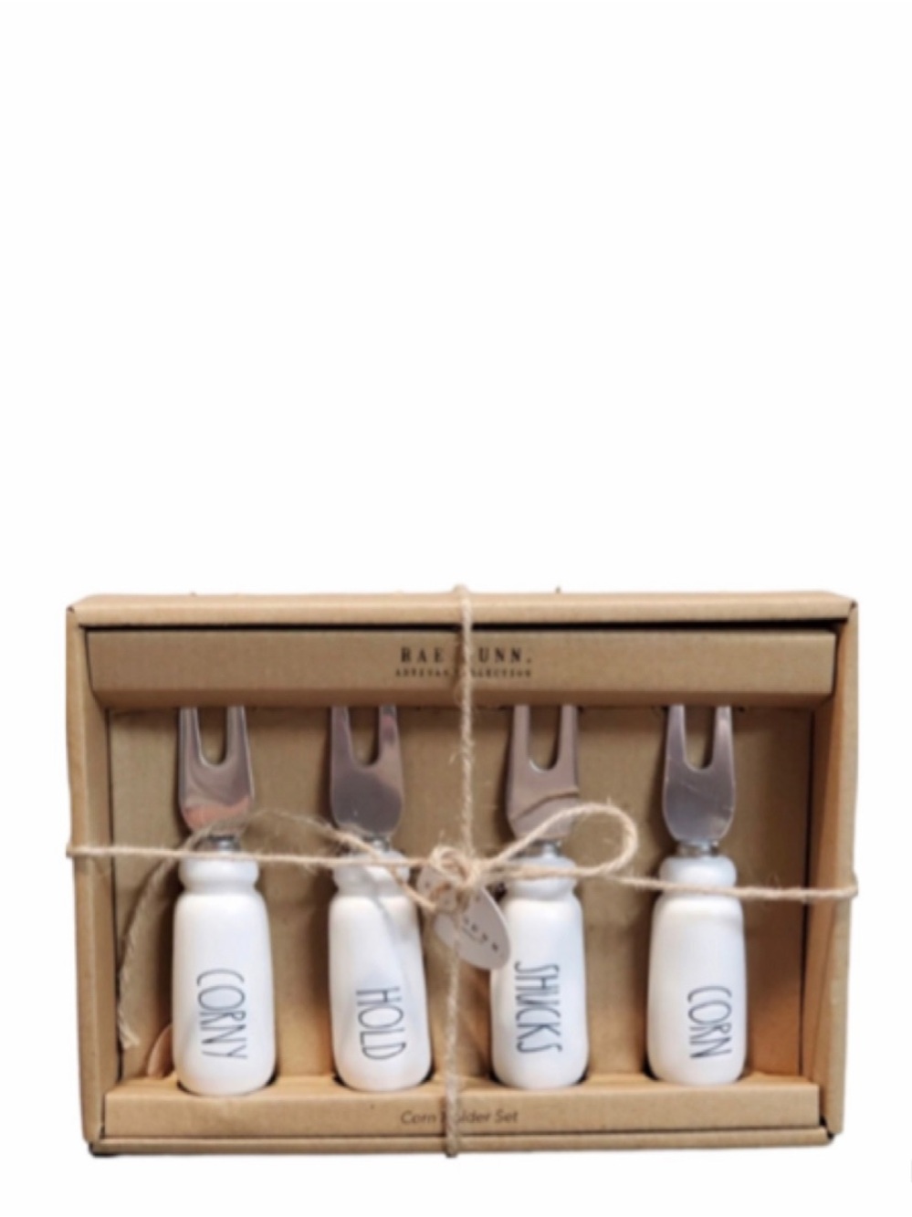 NEW Rae Dunn Corn Forks Holders Skewers Set CORNY, HOLD, SHUCKS & CORN White
